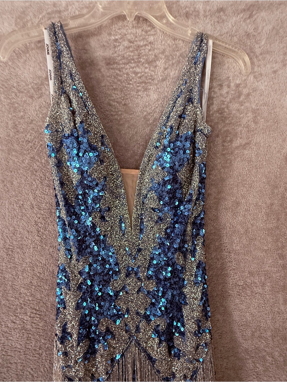 Jovani Blue Silver Sequin Fringe One-Shoulder Dress Sz 0 - Picture 13 of 16